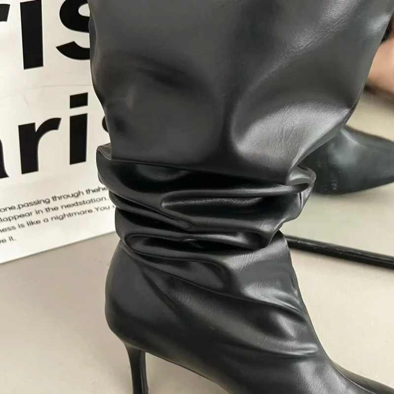 Botas mulheres negras sobre o joelho calçado moda apontou toe deslizamento em sapatos plissados saltos finos senhoras ocidental longo 230922