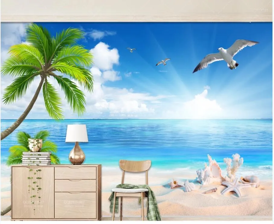 Sfondi Personalizzati Po 3d Carta da parati Natura Paesaggio Cielo blu Nuvole bianche Paesaggio marino Albero di cocco Murales per pareti 3 D