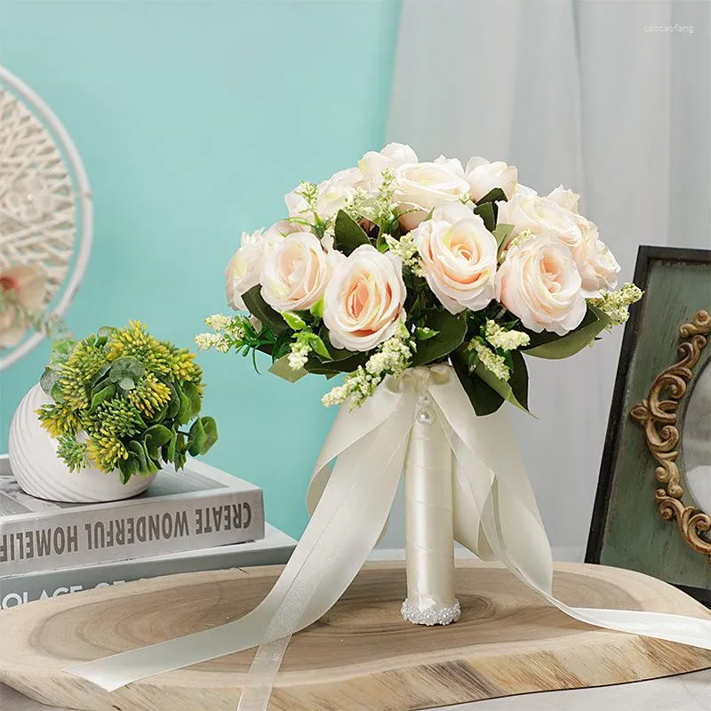 Flores decorativas buquê de casamento flor de noiva dama de honra mão amarrada artificial rosa sen sistema fita festiva