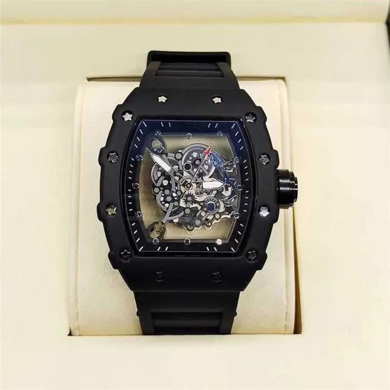 Relógio richarmilles luxuoso preto samurai ponteiro mecânico oco transparente quartzo novo