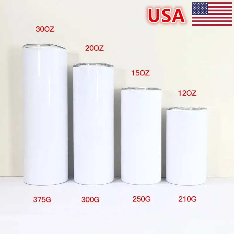 USA Warehouse Sublimación Vaso recto Vaso de acero inoxidable en blanco DIY Tazas rectas Vaso flaco Cerveza Tazas de café Tazas de café 12 oz 15 oz 20 oz 30 oz