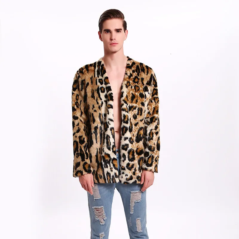 Couro masculino falso masculino outono inverno manter pele quente leopardo vison vneck manga longa jaqueta curta regular casual trench coat 230919