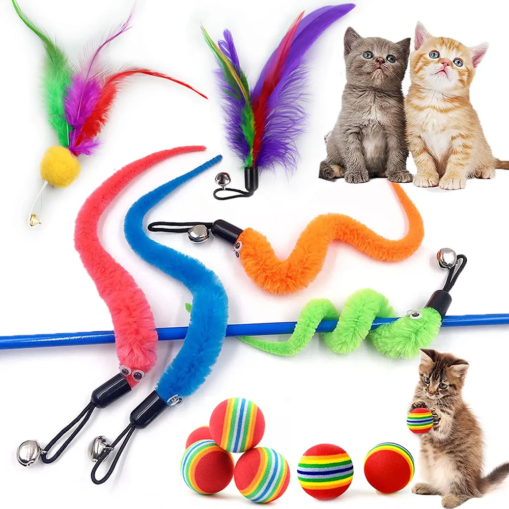 Jouets pour chats 5 100 pièces accessoires de jouets interactifs en plumes fausse souris ver avec cloche de remplacement recharge boule de mousse formation chaton 230919