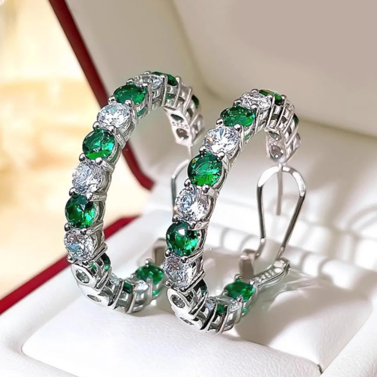 Charm Lab Emerald Diamond Hoop Earring 925 Sterling Silver Party Wedding Earrings for Women Bridal Engagement Smycken