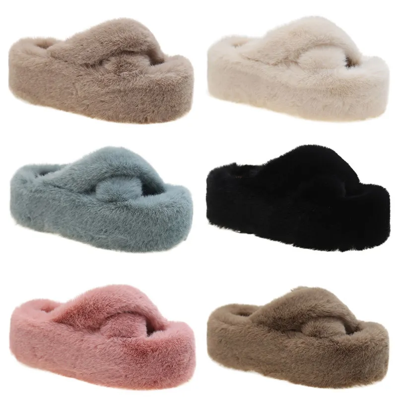 2023 Winter multi-colored plush slippers women thick bottom warm cotton drag black beige blue pink brown color6