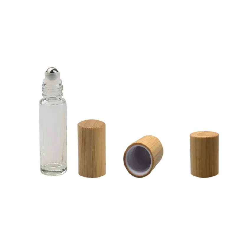 Empty Eye Cream Roll on Massage Refillable Bottle Steel Roller Bamboo Wooden Lid 15ml 10ml Cosmetic Packaging Round Clear Glass Essential Oil Vials