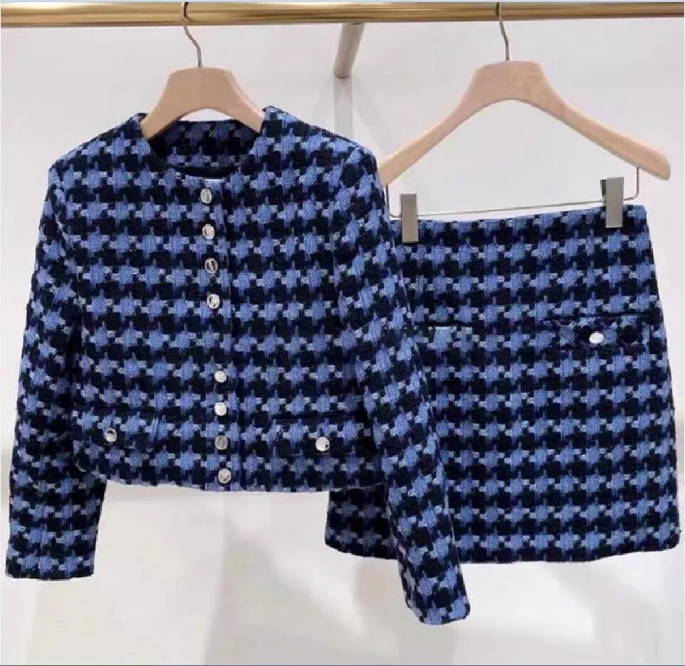 2023 Autumn/Winter New Maje Women's Elegant Round Neck Dark Blue Plaid Tweed Coat+A-line High Waist Half Skirt