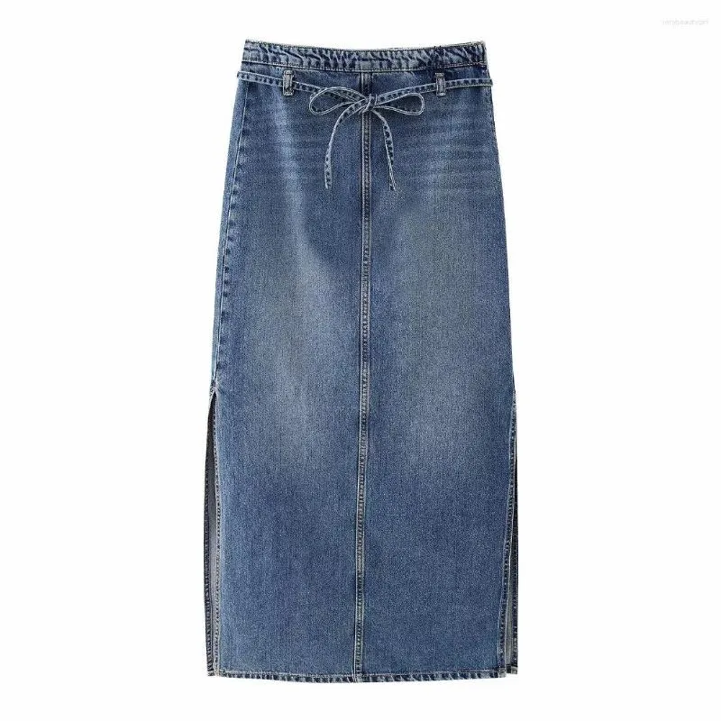 Kjolar kvinnor 2023 mode denim midi kjol vintage hög midja sido blixtlås midjeband kvinnlig mujer