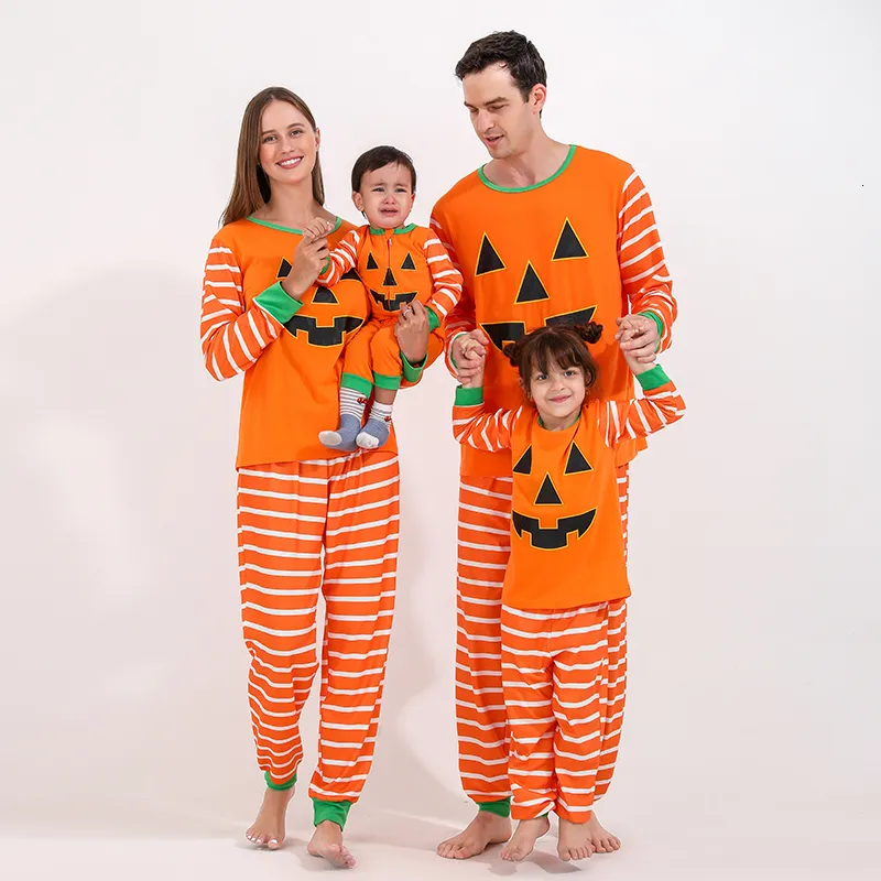 Family Matching Outfits Happy Halloween Party Family Matching Pajamas Set Mother Father Kids 2 Pieces Suit Baby Romper Pumpkin Print Sleepwear Pyjamas 230918