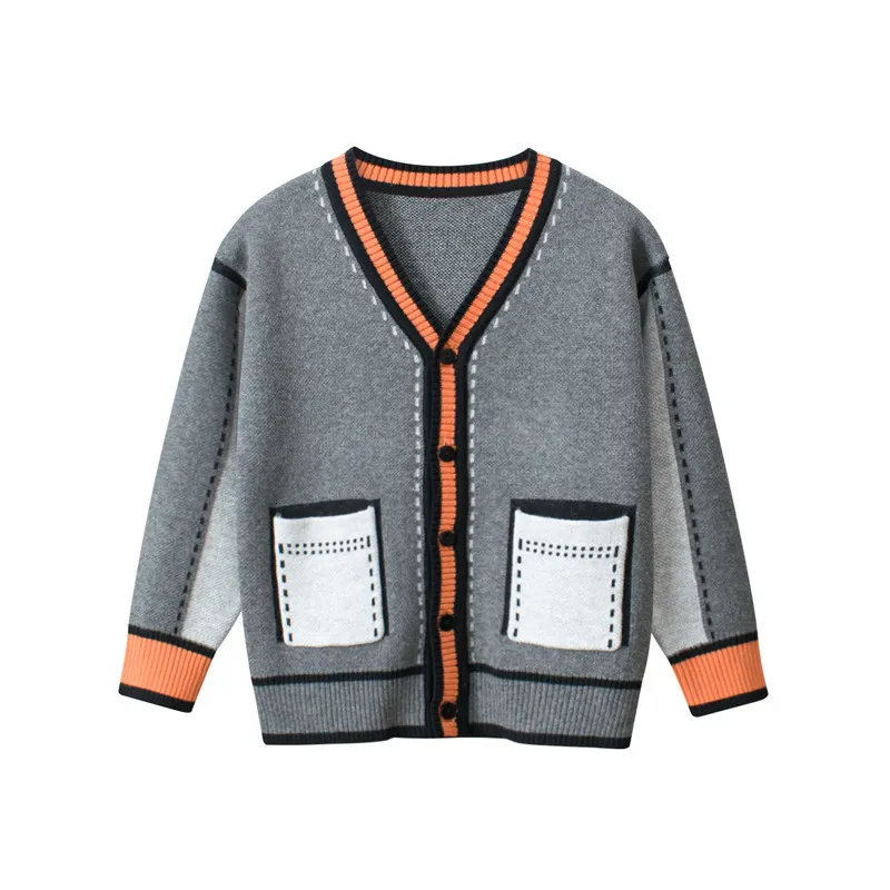 Kardigan Spring Autumn Sweter dziecięcy z długim rękawem dzianinowy chłopcy z dekoltem w szyku w szyku w szyku dla dzieci w pojedynczej kurtce piersi dla dzieci kropla 230919