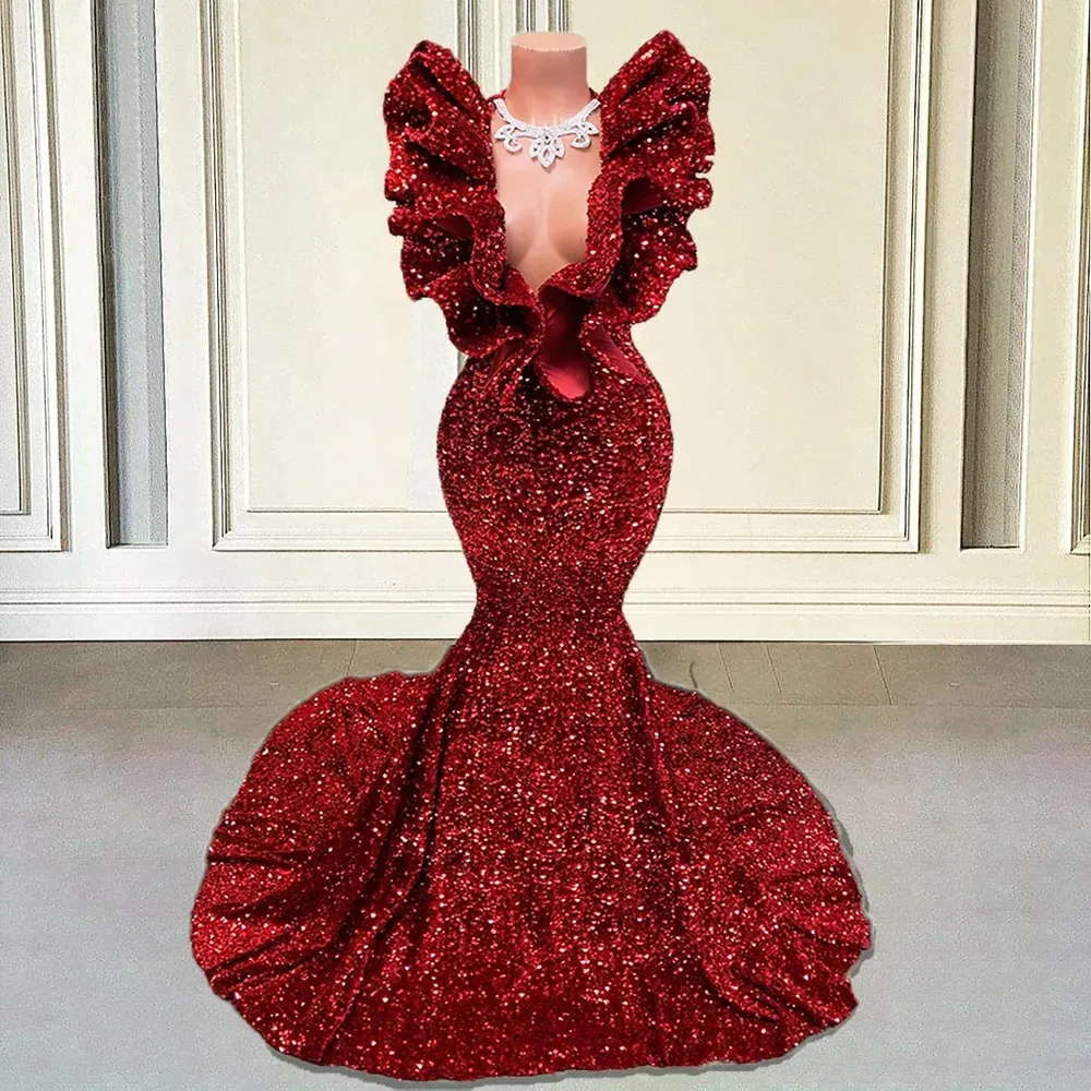 Robe de bal longue à paillettes scintillantes pour fille noire, style sirène, col en v, volants, sans manches, bordeaux, robe de soirée formelle de Gala, 2024