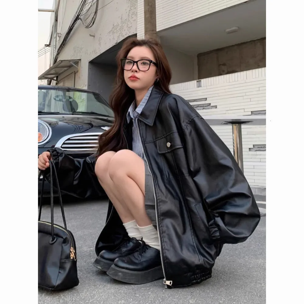 Giacche da donna Deeptown Giacca in pelle nera vintage Donna Moto Biker Giacche con cerniera Cappotti da moto stile gotico oversize Coreano Streetwear 230919