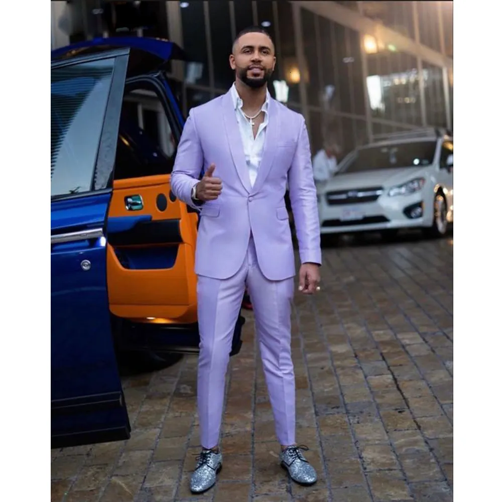 Mäns kostymer Blazers Lilac Men Suit's Satin For Wedding Normal Fabric Male Fashion 2 Piece Jacket Pants Formal Groom Tuxedo 230919