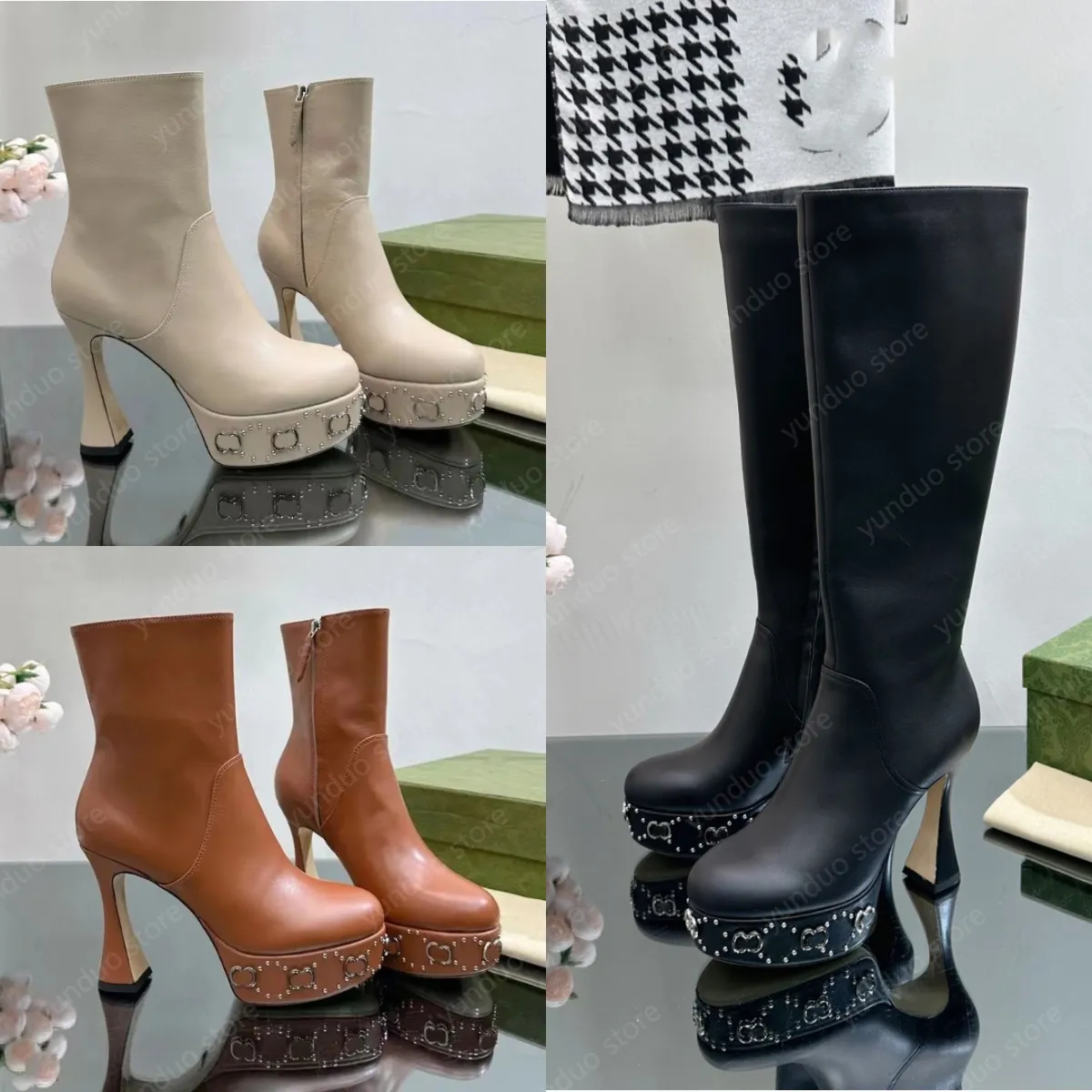 Platform boot wlth Studs Genuine Leather Round Toes Chunky Heel Fashion Boots Women s 14mm Luxury Designer Ankle Boots High-heeled Knight Boots