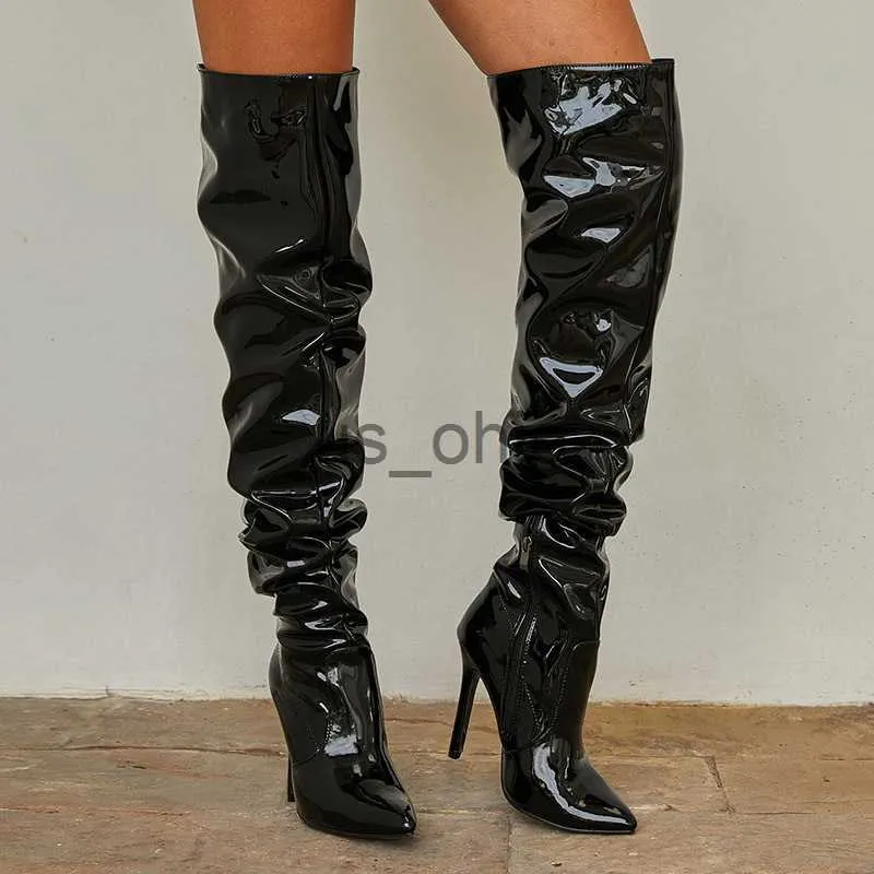 Boots Popular Elastic Over Knee Pleated Long Boots with Pointed Patent Leather High Barrel Black Thin Heel High Heeled Women's Boots J230919