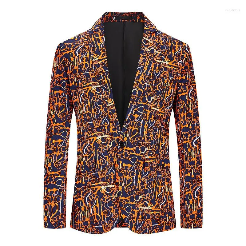 Herrdräkter modetryck kostym jacka långärmad enkelknapp orange röd manlig bar ktv dansparty casual smal fit blazer rockar