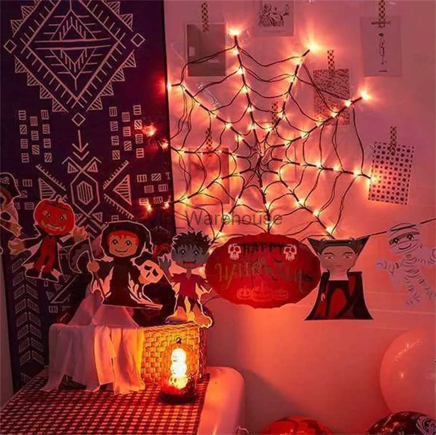 LED Strings Party Halloween Decorations Spider Web Lights 70LED Indoor Outdoor Orange Purple Spider Web Lights Haunted House Net Mesh Light HKD230919