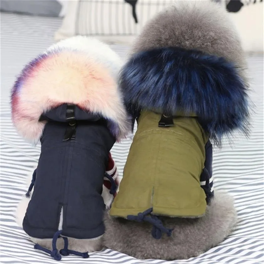 겨울 옷 고급스러운 가짜 모피 칼라 코트 작은 따뜻한 바람 방풍 애완 동물 파카 플리카가 늘어선 강아지 재킷 개 옷 lj200923228n