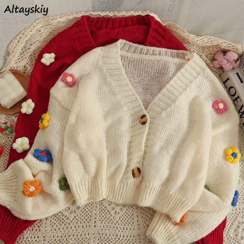 Cardigan court en tricot pour femmes, fleur 3D, col en V, Design rétro Kawaii, Allmatch Mujer, pull tendre, esthétique, arrivée d'automne, Ulzzang 230918