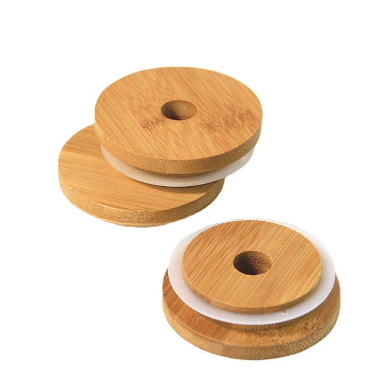 Bamboo Cap Lids 70mm 86mm Reusable Mason Jar Lids For Glass Straw Cups With Straw Hole and Silicone Seal ECO Friendly Bottle Caps Paint Mould Proof Leakproof Cover