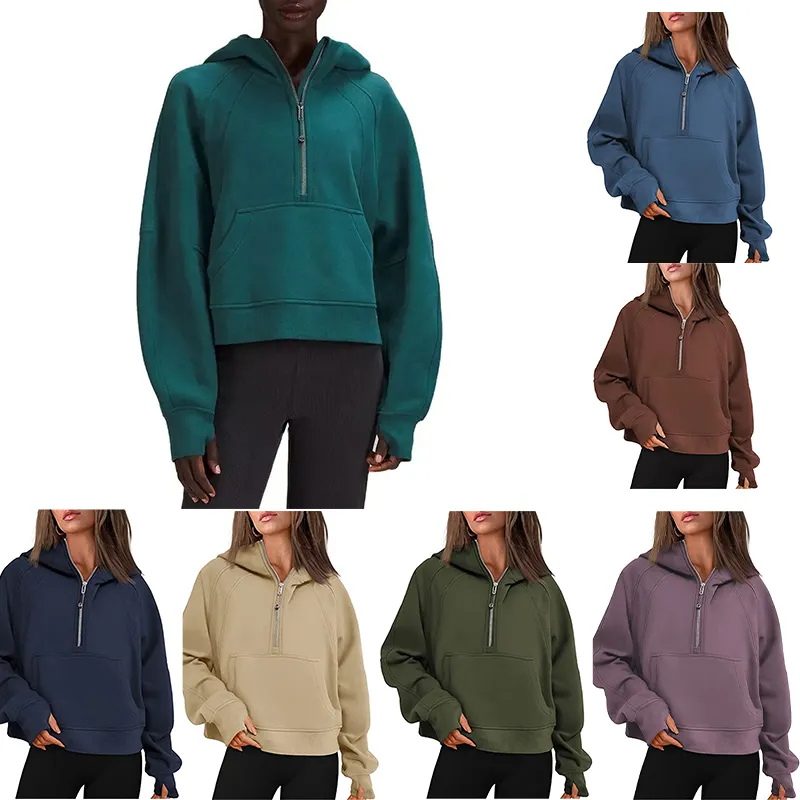 Ll Sonbahar ve Kış Yoga Hoodie Tüplü Kadınlar artı Kadife Kalınlaştırma Ceketleri Hoodys Sports Yarı Fermuar Terry Tasarımcı Kazak Chothing Gevşek Kısa Giysiler