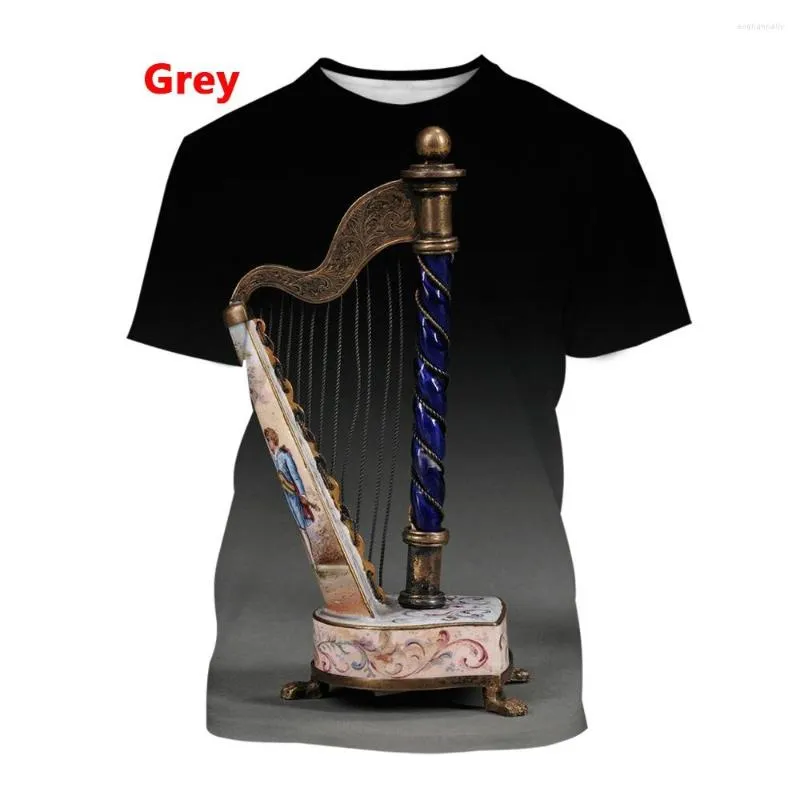 T-shirts pour hommes 2023 Mode 3D Imprimé Instrument de musique Harpe Amusant T-shirt Été Décontracté Hommes/femmes Confortable Col Rond Haut