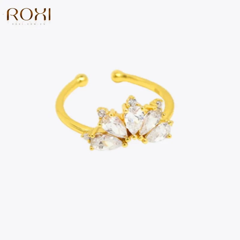 Wedding Roxi Crystals Crown Open 24K Solid Gold for Women Justerbar vigselring 925 Sterling Silver Engagement Smycken 230915