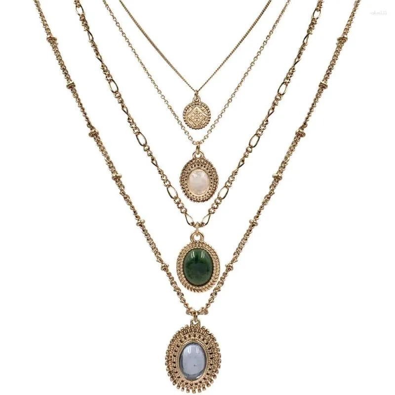 Pendant Necklaces Arrival Boho Multi-Layered Long Chain Choker For Women Inlaid Green Pink Gray Stone Trendy Jewelry