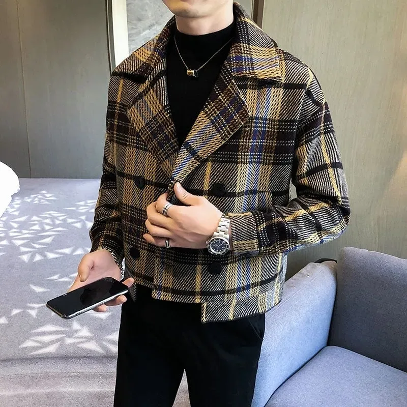 Herrjackor kläder Woolen Plaid Coat Korean Trend Casual Trench for Men Autumn and Winter Fashion Bomber Jacket 230918