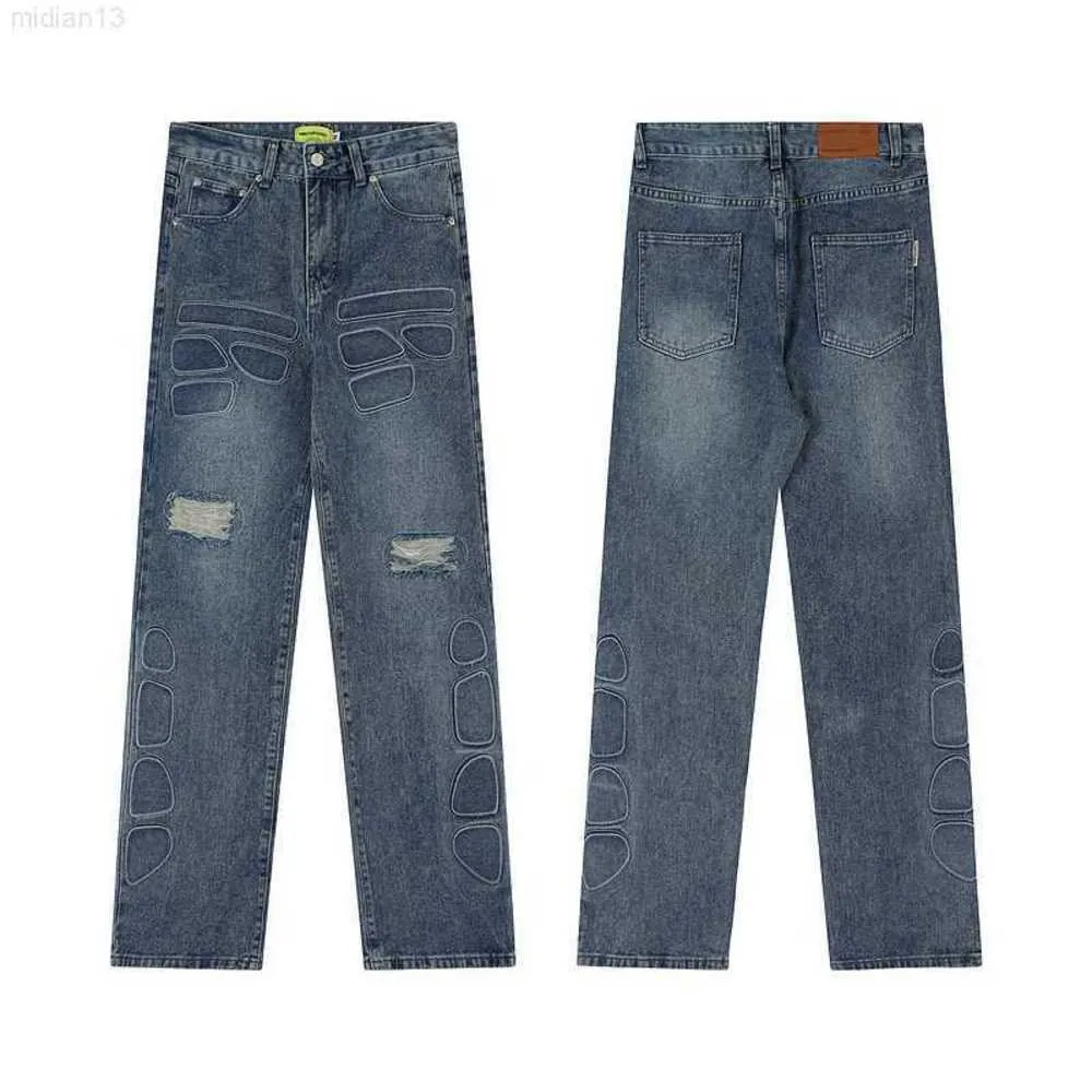 Marca da moda de rua alta com padrão geométrico desgastado tubo reto lavado jeans casual70aj