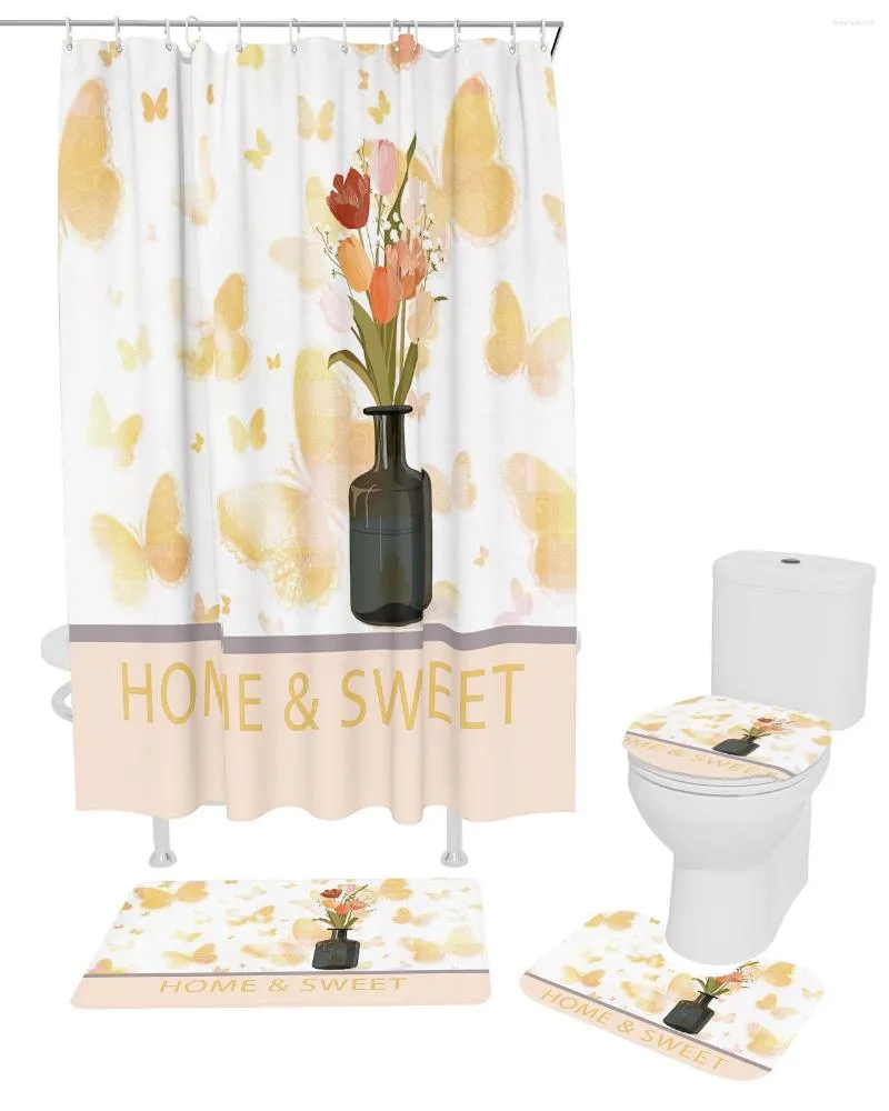 Shower Curtains Butterfly Vase Flowers Waterproof Bathroom Curtain Bath Toilet Cover Mat Rug Carpet Set Home Decor Accessories