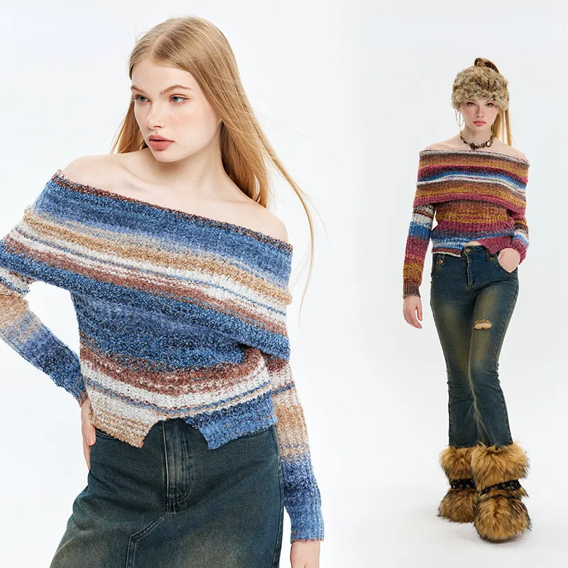 Женские свитера Y2k, винтажные укороченные вязаные осенне-зимние пуловеры в радужную полоску с разрезом на шее, корейские модные тонкие трикотажные изделия, свитера для женщин 230919