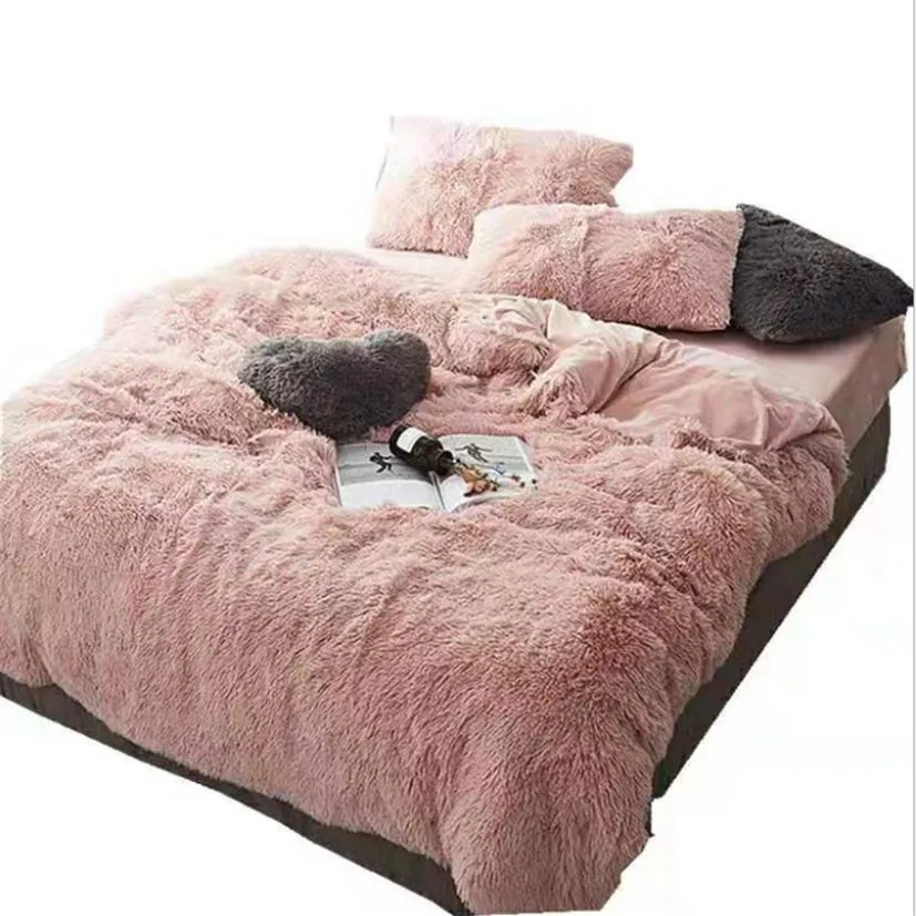 FB1901001 Pink White Fleece Fabric Winter Thick Pure Color Bedding Set Mink Velvet Duvet Cover King Bed sheet Bed Linen Pillowcase315i