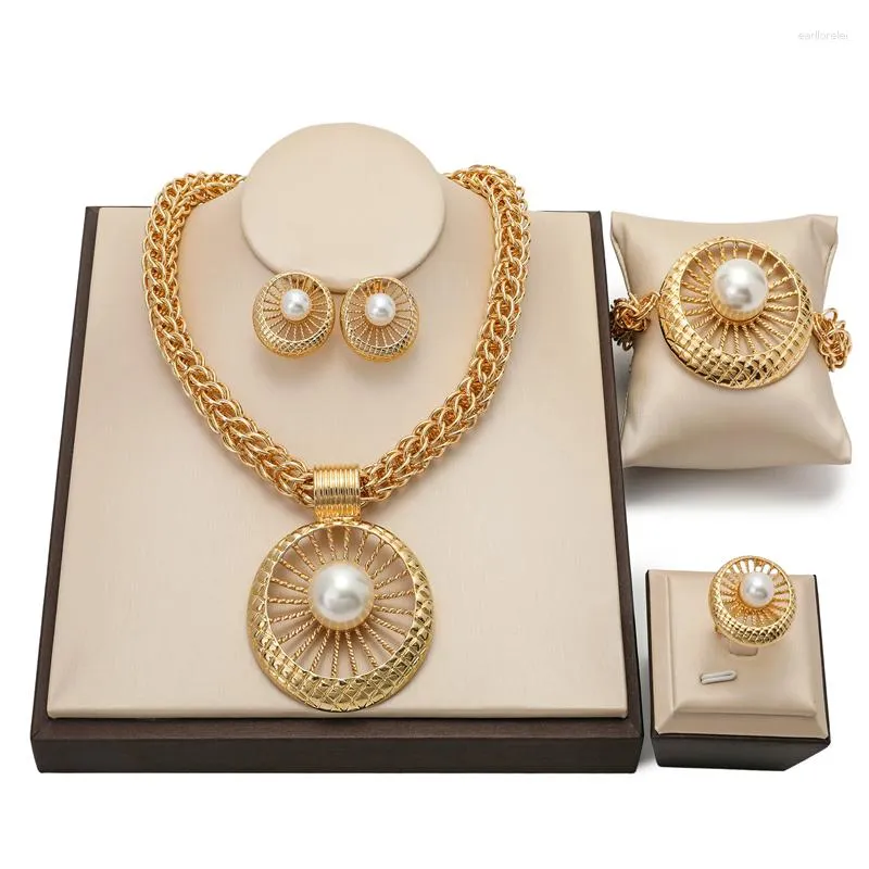 Necklace Earrings Set Exquisite Dubai Gold Plated Woman Nigerian Wedding Bridal Accessories Jewellry