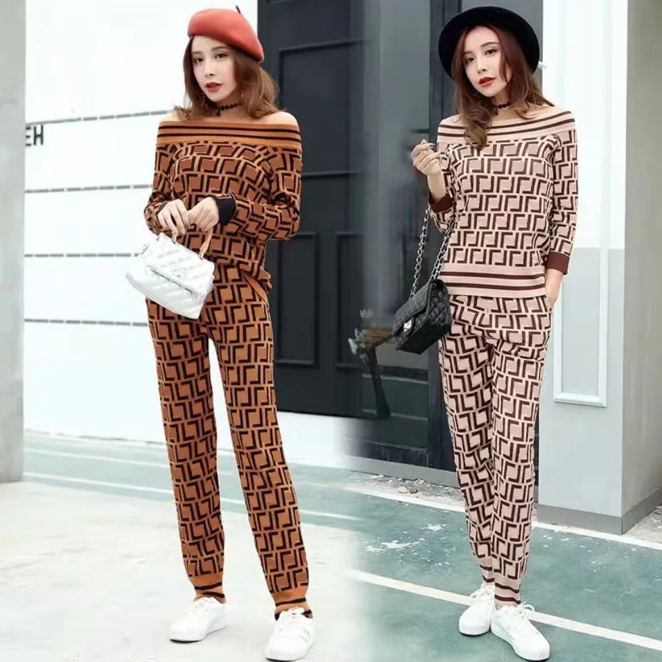 Designer Star With Full F Logo Printed Knitted Sweater Pant Set Fashion Slash Neck Long Sleeve Sweater Knitted Women's Two Piece Pants