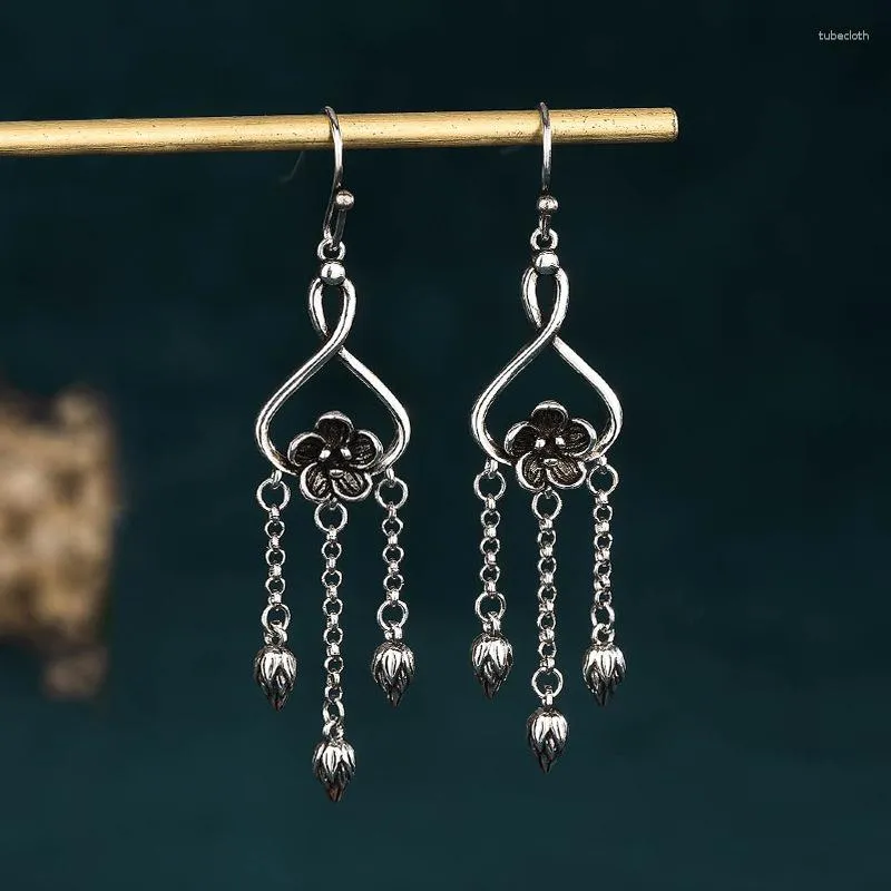 Dangle Earrings China Style Jewelry Copper-Plated Thai Silver Flower Vintage Old Tassel Chain Ancient Costume For Women 56MM