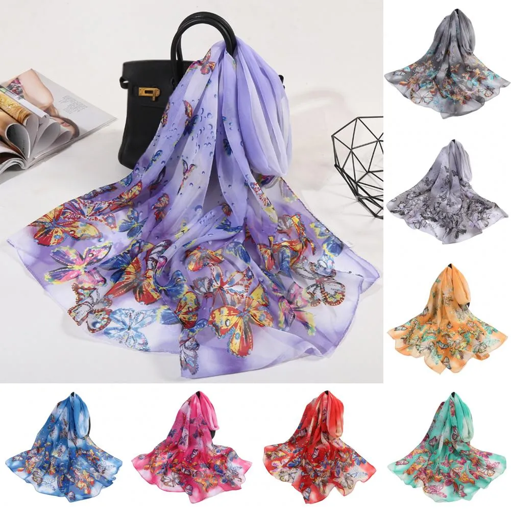 Longue écharpe en soie pour femmes, imprimé papillon, décoratif, respirant, en mousseline de soie, Bandana, foulard de tête de plage, Hijabs musulman