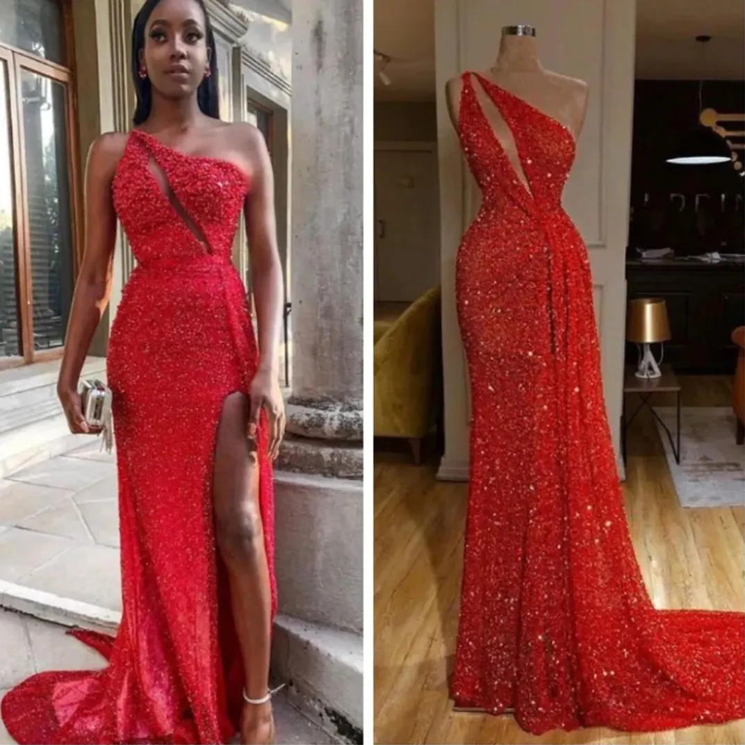 Red Lace Mermaid Teri Jon Evening Gowns With One Shoulder And Illusion