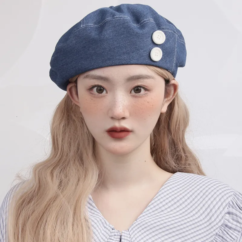 Y2K Denim Beret - Japanese Button Accent, Retro British Painter