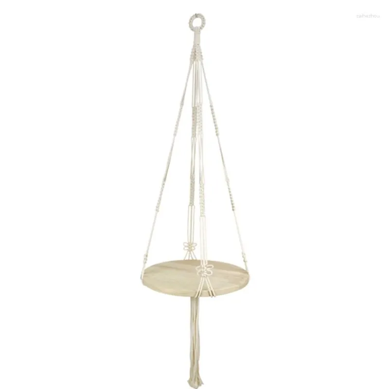 Garden Supplies Macrame Plant Hanger With Round Wooden Plate Tray Tassel Hanging Planter Shelf K0AB