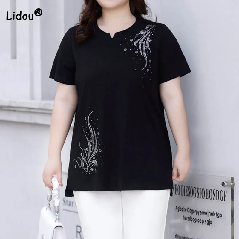 T-shirt grande taille pour femmes, vêtements d'été pour femmes, décontracté, diamants, patchwork, manches courtes, mode, col rond, pull noir, hauts amples 230919