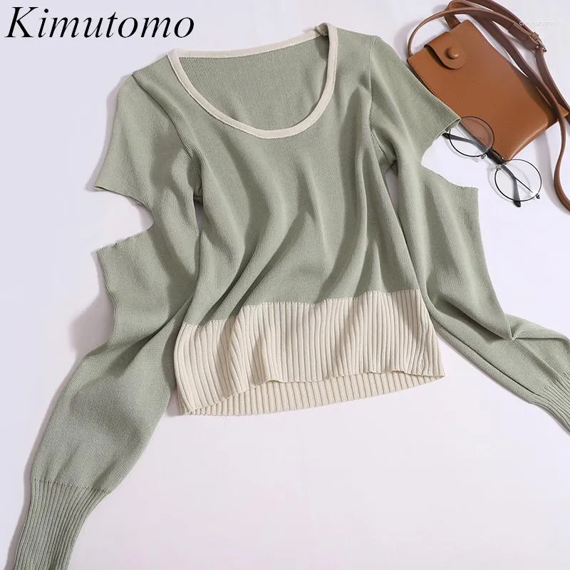 Pulls pour femmes Kimutomo élégant évider couleur contraste pull femme doux col rond manches longues simple polyvalent tricot pull ins