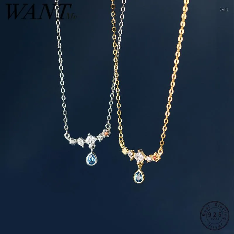 Pendants WANTME 925 Sterling Silver Statement Golden Pendant Blue Zircon Charms Necklace Women Trendy Exquisite Wedding Jewelry Boho Chic