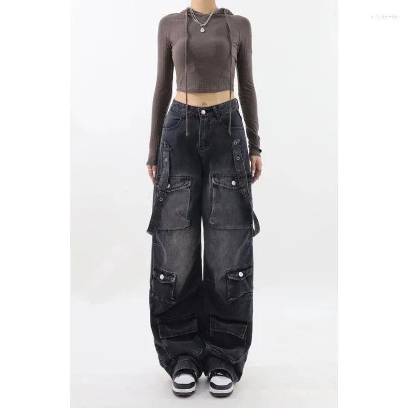 Men's Jeans 2023 Women Vintage Gothic Cargo American High Street Multi Pocket Wide Y2k Korean Wai Baggy Trousers Straight Techwear