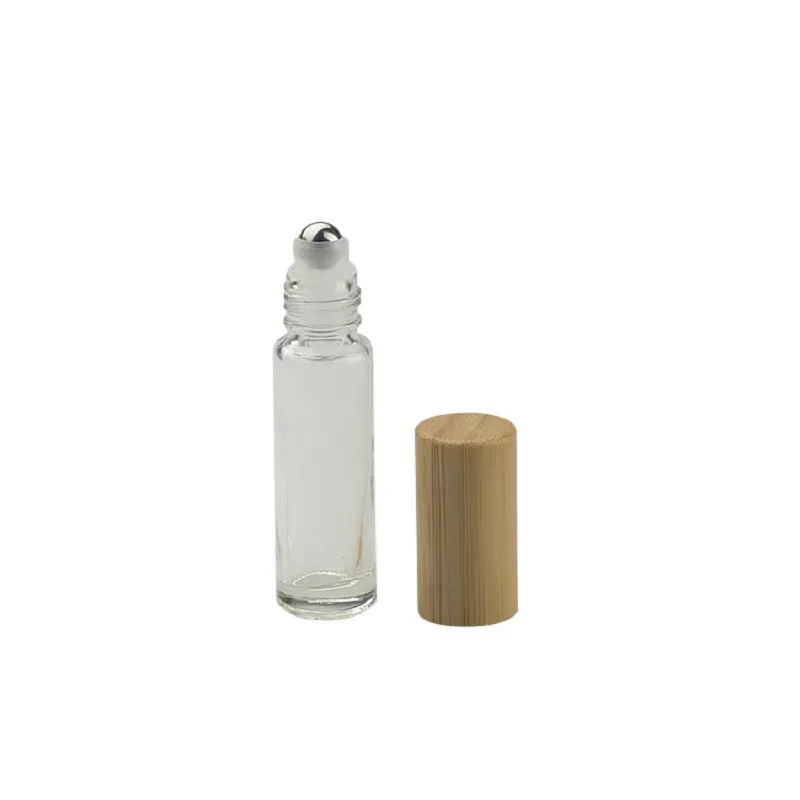 Empty Eye Cream Roll on Massage Refillable Bottle Steel Roller Bamboo Wooden Lid 15ml 10ml Cosmetic Packaging Round Clear Glass Essential Oil Vials