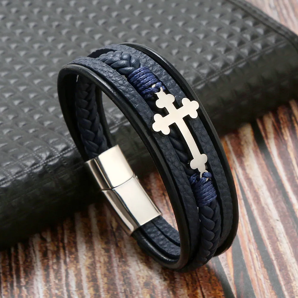 Nuovo popolare braccialetto con fibbia a croce in pelle multistrato con fibbia in acciaio inossidabile per uomo