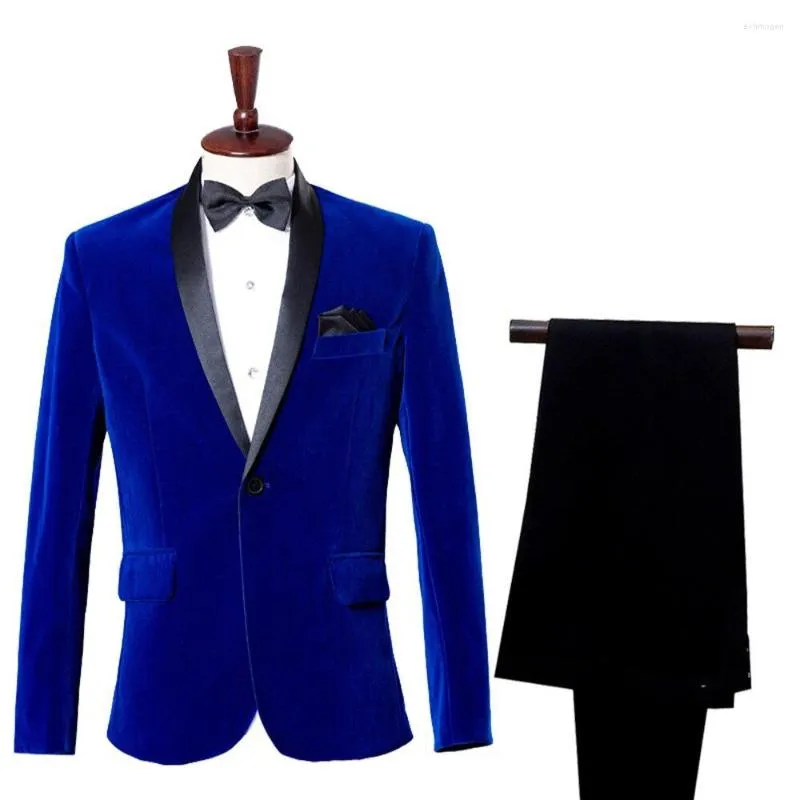 Costumes pour hommes Royal Blue Hommes Costume Noir Châle Revers Simple Boutonnage Terno Velours Bal Formel Deux Pièces Veste Pantalon Costume De Mariage Slim Fit