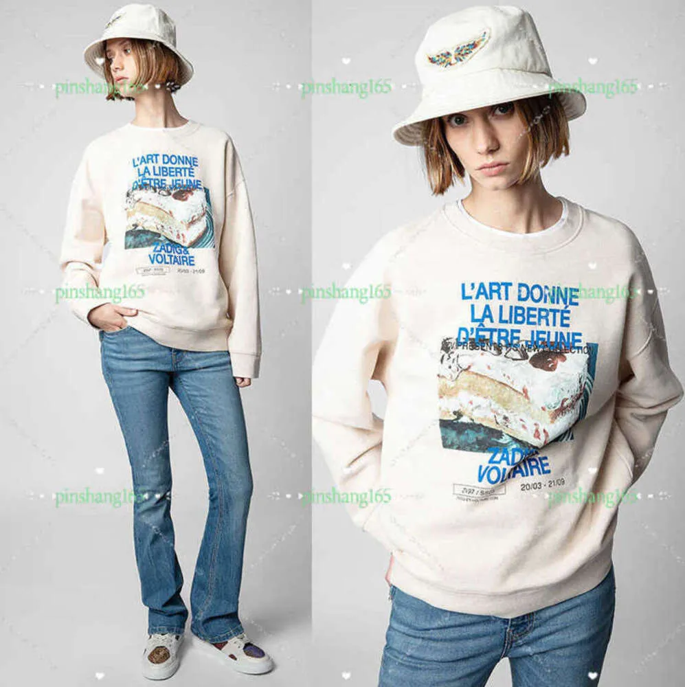 23SS ZV Cake White Sweatshirt Print Flower Yarn Inner Fleece Zadig Pullover Hoodies Women Designer Round Neck tröja5346