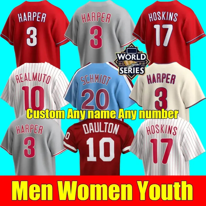 2023men Anpassade basebolltröjor Kvinnor Youth Bryce Harpe Trea Turner Rhys Hoskins Philadelphia RealMuto Schwarber Kyle Schwarber Stitch Jersey