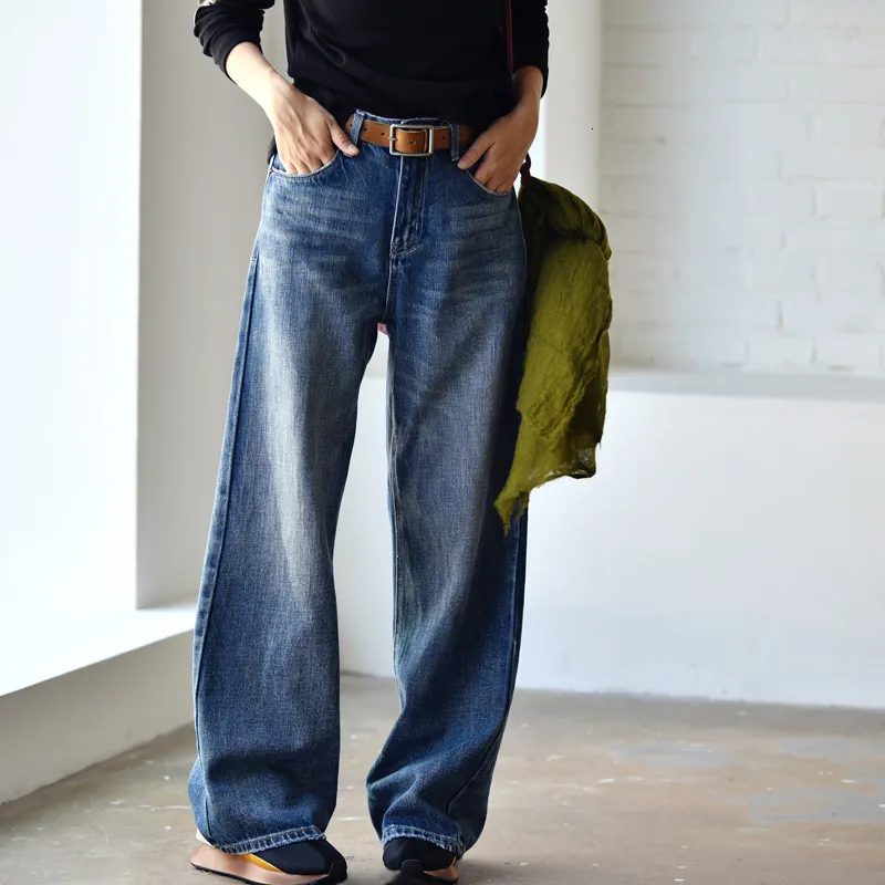 Kadın pantolon s micoco n5211c sanatsal uzun bacaklar yüksek bel çekme pantolon gevşek düz jean pantolon 230919